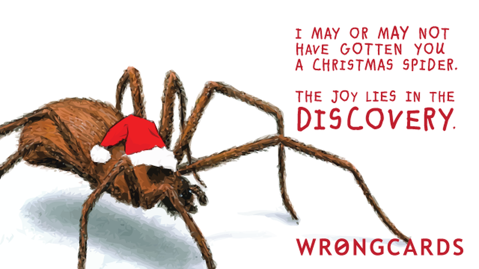 Christmas ecard with text: I may or may not have gotten you a Christmas spider. The joy lies in the discovery.
