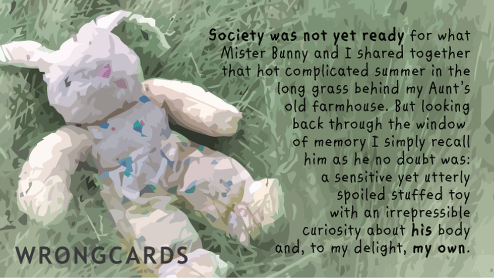WTF ecard with text: 'Society was not yet ready for what Mister Bunny and I shared together that hot complicated summer in the long grass behind my Aunt's old farm house. But looking back through the window of memory I simply recall him as he no doubt was: a sensitive yet utterly spoiled stuffed toy with an irrepressible curiosity about his body and, to my delight, my own.'