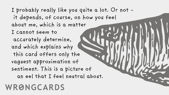 probably really like you I probably really like you quite a lot. Or not - it depends of course on how you feel about me, which is a matter I cannot seem to accurately determine, which is why this card offers only the vaguest approximation of sentiment. This is a picture of an eel